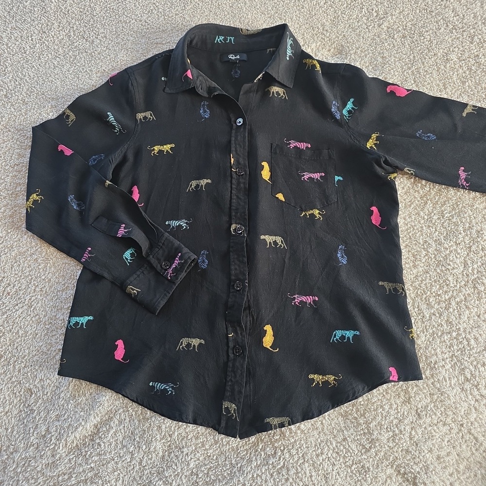 Rails Wildcat Kathryn Button Front Shirt Black W/all-over Cheetahs Size XS